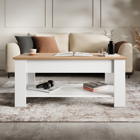 Lift Top Storage Coffee Table in white with pine finish, 120cm wide, featuring hidden lift-up storage and lower shelf, ideal for modern UK living rooms.