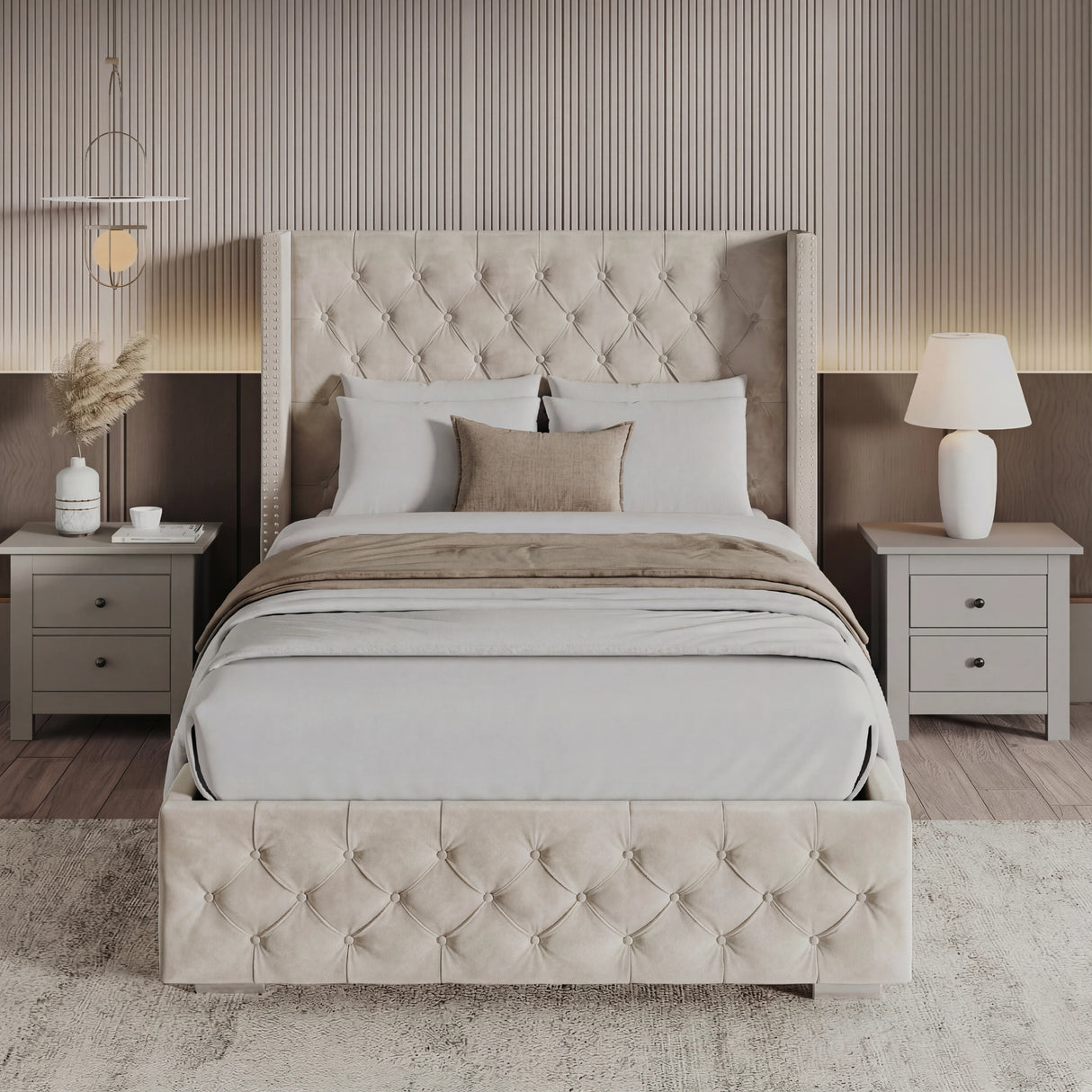 Cross Pattern Velvet Ottoman Storage Bed - Winged Bed Frame