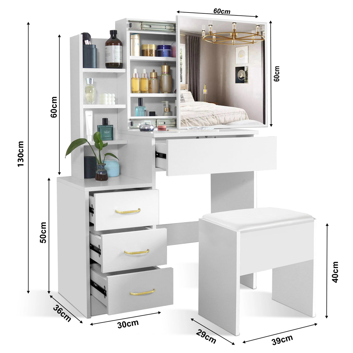 Dressing Table with Storage, Drawers and Mirror - Vanity Makeup Table