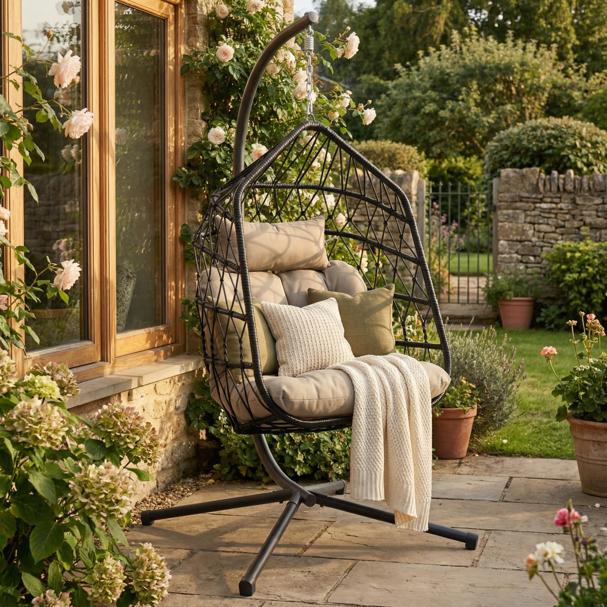 Foldable Hanging Egg Chair With Stand & Cushion