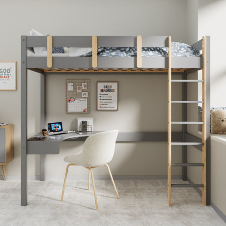 Gray high sleeper bed with desk, ladder, cloud-patterned bedding, and a study area.