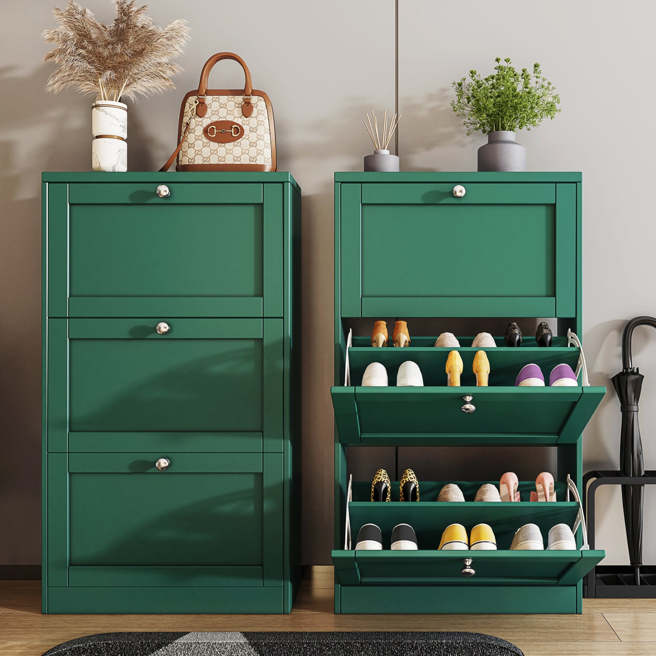 Green shoe cabinet with doors, stylish storage solution, modern shoe organizer