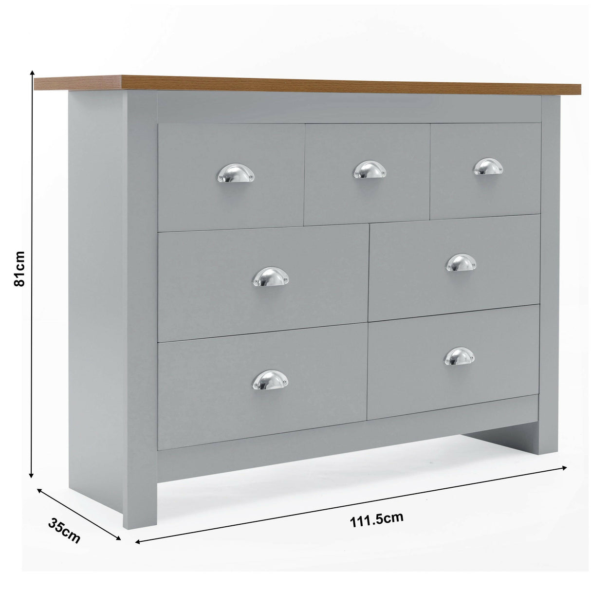 Grey 7-drawer dresser with chrome handles and wooden top, dimensions 111.5cm x 81cm x 35cm.