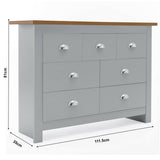 Grey 7-drawer dresser with chrome handles and wooden top, dimensions 111.5cm x 81cm x 35cm.