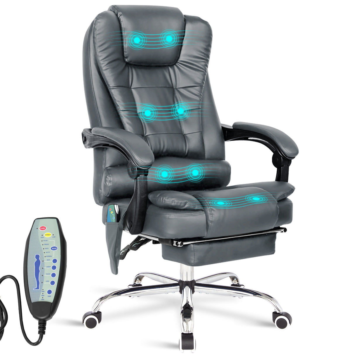 Grey ergonomic office chair with massage function, reclining feature, and remote control