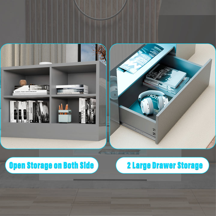 [Grey] Coffee table split view: open side cubbies on left and pulled-out drawer with stored items on right
