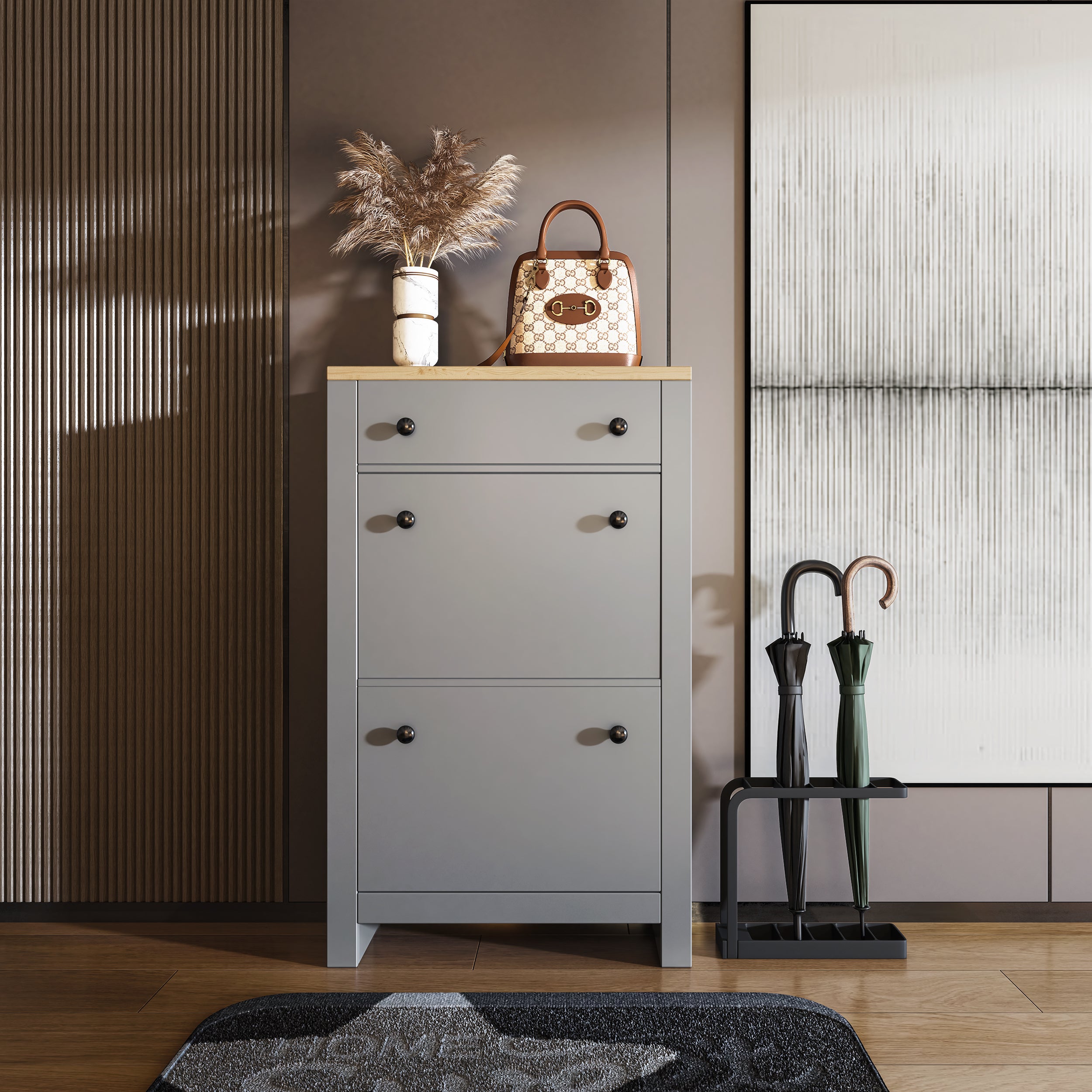 Grey shoe cabinet with drawer and oak top, featuring modern design and sleek handles