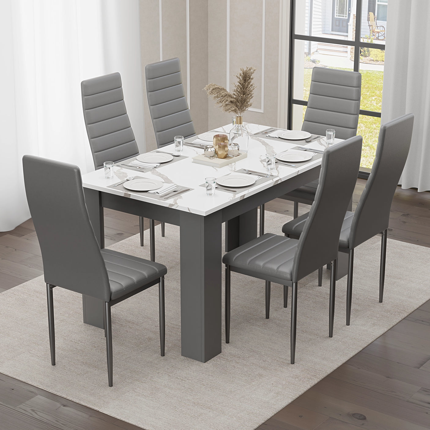 Modern Dining Table Set With 6 Padded Chairs – Multiple Colours