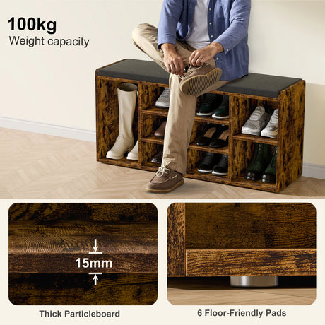 Hallway shoe storage bench with cushion and adjustable shelves in rustic wood finish, supports up to 100kg and fits multiple shoe types.