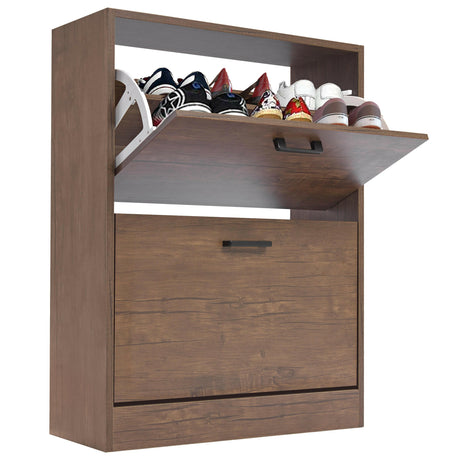 Hallway tall shoe cabinet with wooden finish and open shelf for additional shoe storage