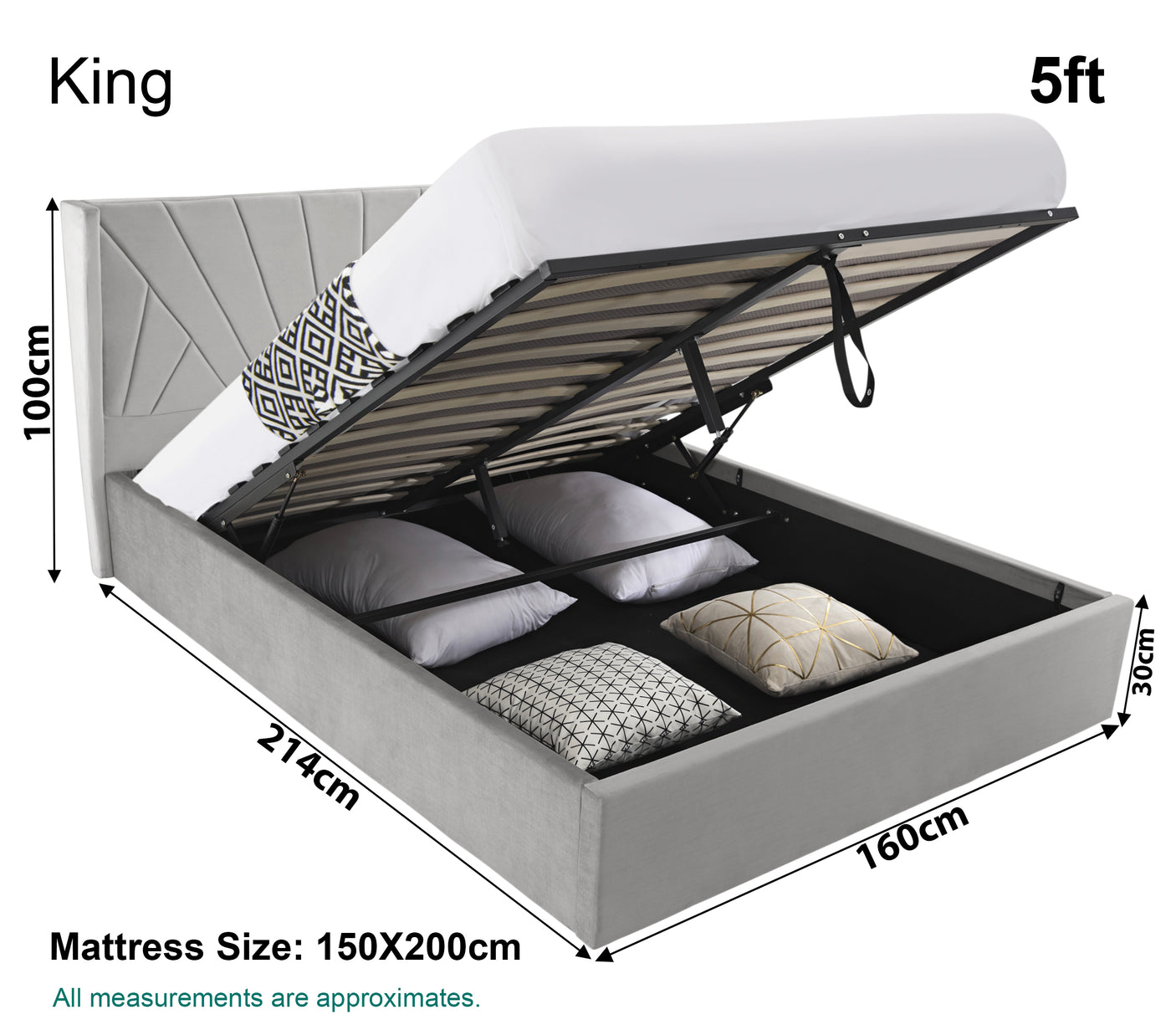 Blisswood Velvet Quilted Sunrise Design Ottoman Storage Bed With Mattress