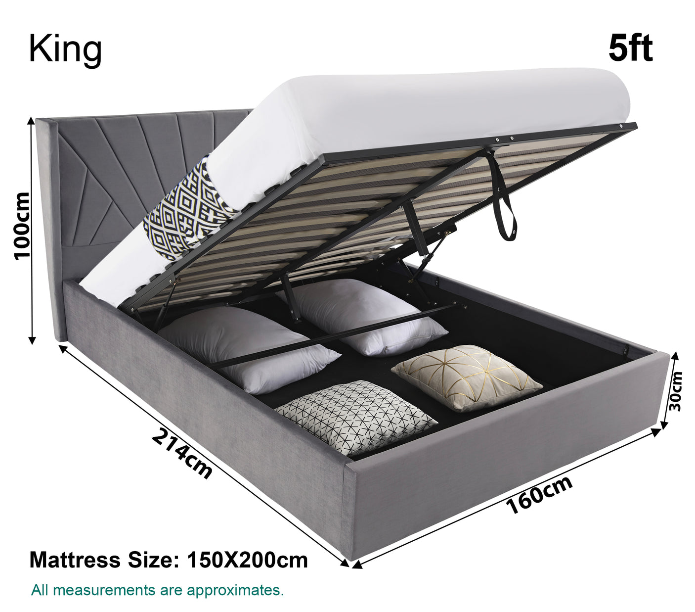 Blisswood Velvet Quilted Sunrise Design Ottoman Storage Bed With Mattress