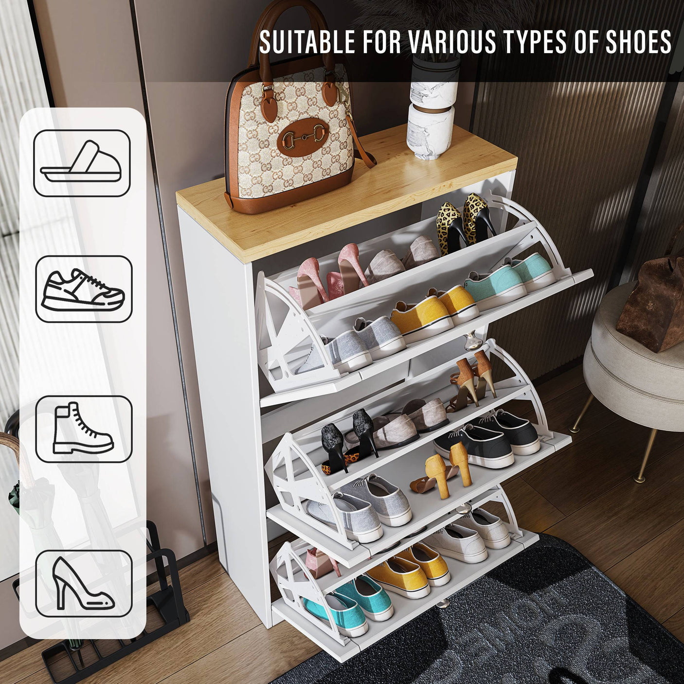 White Blisswood Shoe Cabinet With Doors open to show storage for various shoe types in a compact design.