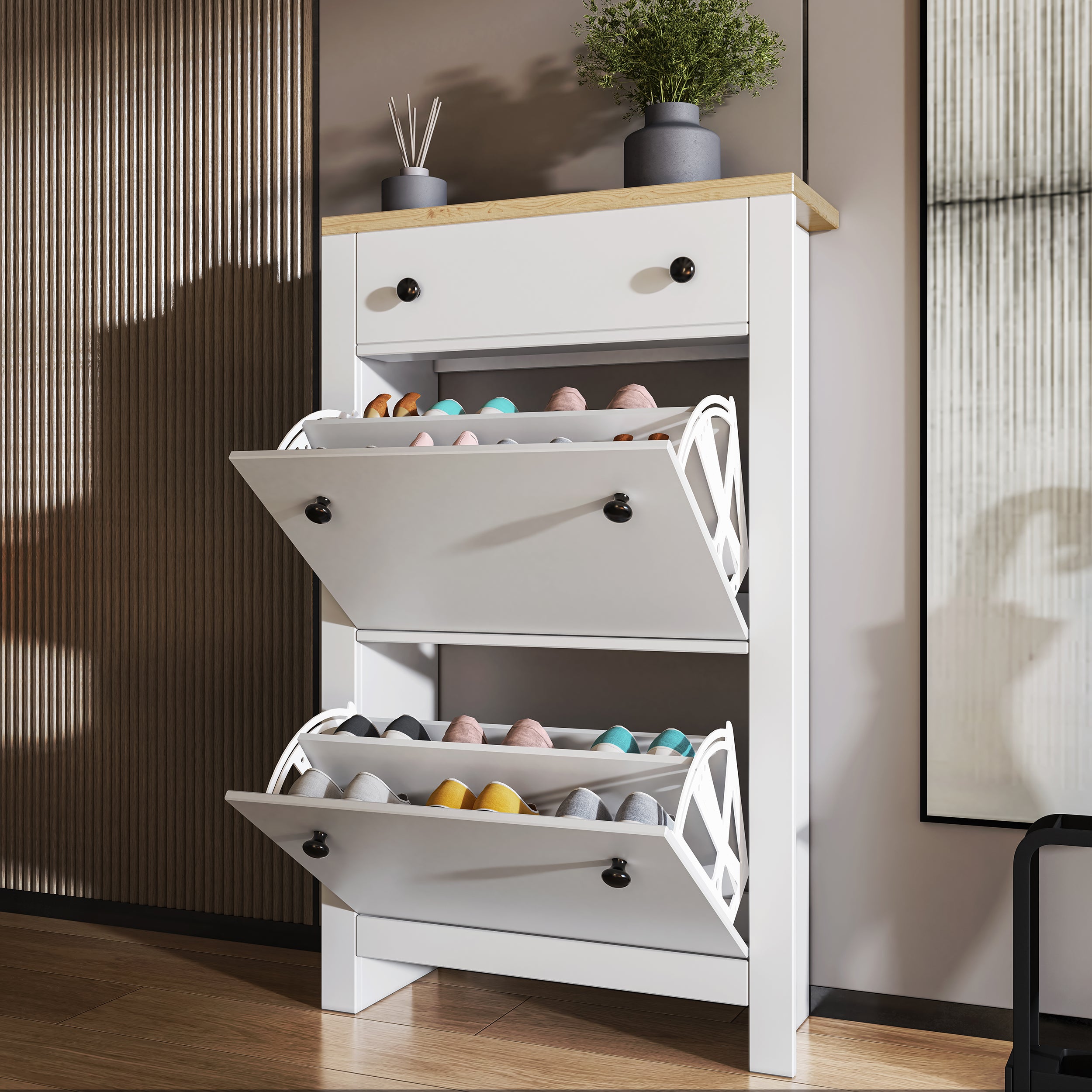 Large shoe cabinet with drawer and spacious flip-up compartments for organized storage.