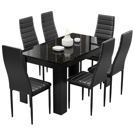 Compact Black Marble Finish Kitchen Table and Chairs Set