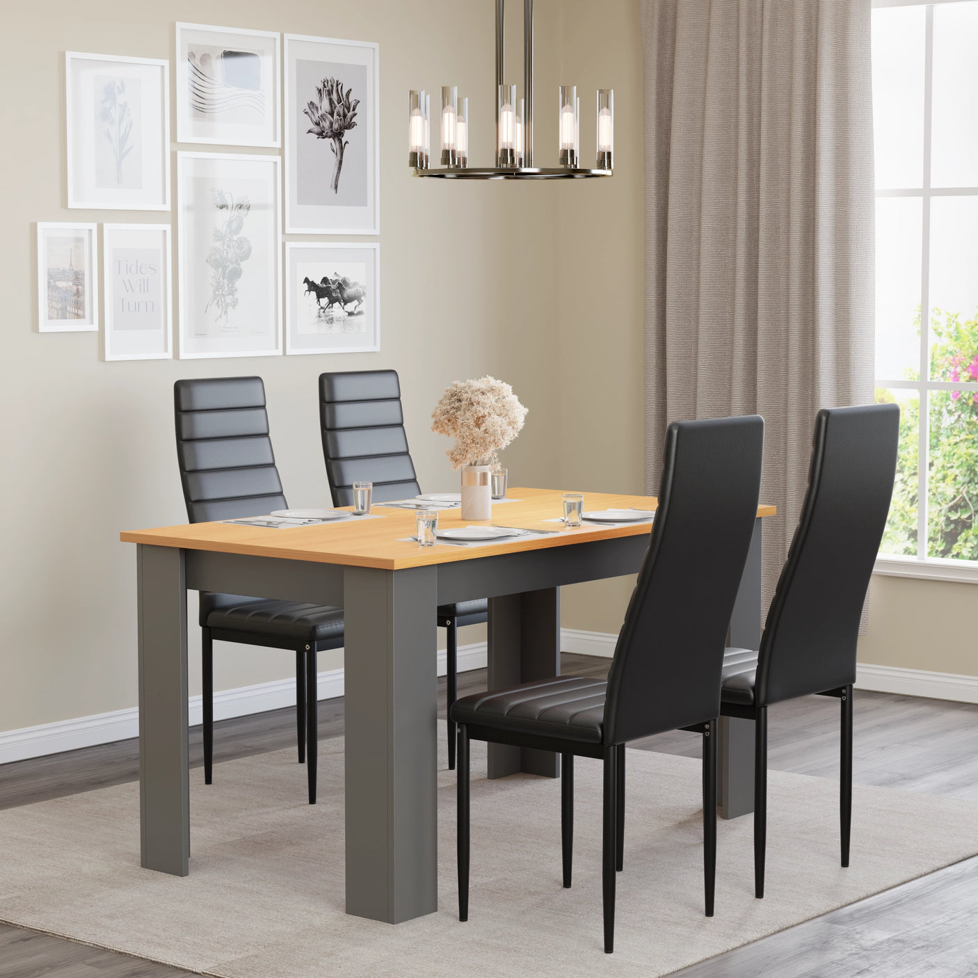 Pine dining table set with grey legs and 4 black padded chairs. Ideal for small family dining.