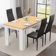 Dining table set of 4 – pine finish table with white legs and black padded chairs. Ideal for modern kitchens and dining rooms.