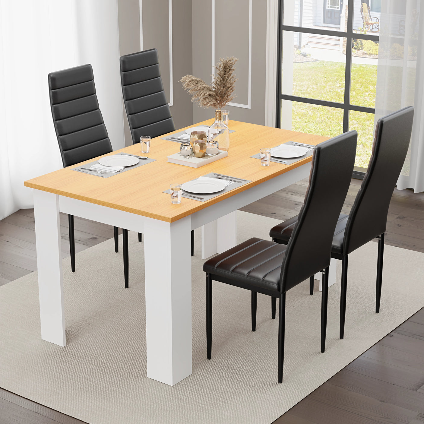 Dining table set of 4 – pine finish table with white legs and black padded chairs. Ideal for modern kitchens and dining rooms.