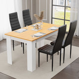 Dining table set of 4 – pine finish table with white legs and black padded chairs. Ideal for modern kitchens and dining rooms.