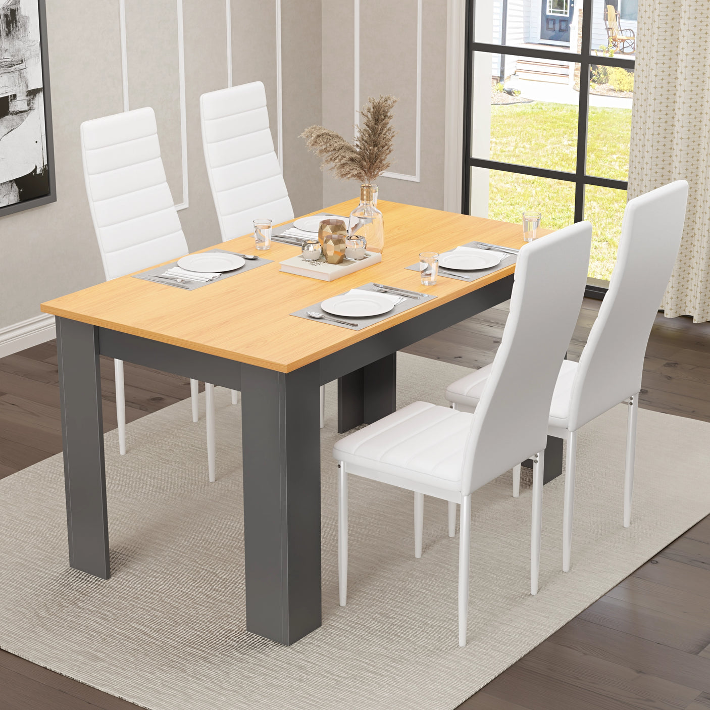 Warm Pine Dining Table Set Of 4 With Modern Padded Chairs