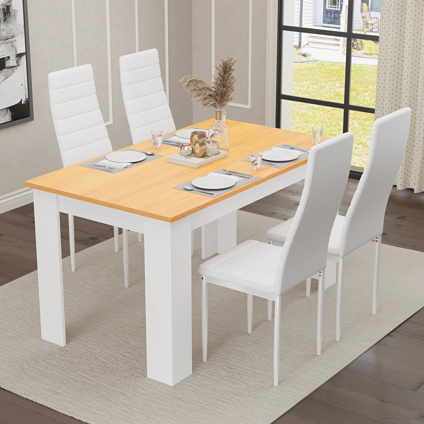 Dining table set of 4 with pine top and white legs, paired with white padded chairs. Sleek and modern design.