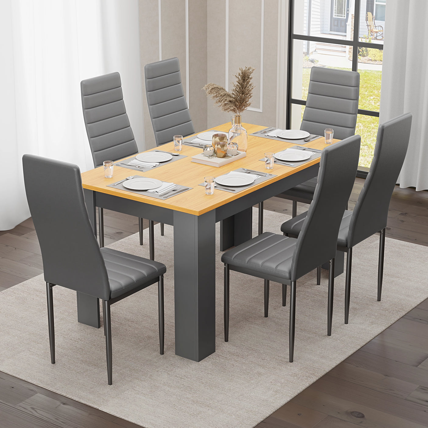 Pine Dining Table With Modern Dining Chairs – Set of 6