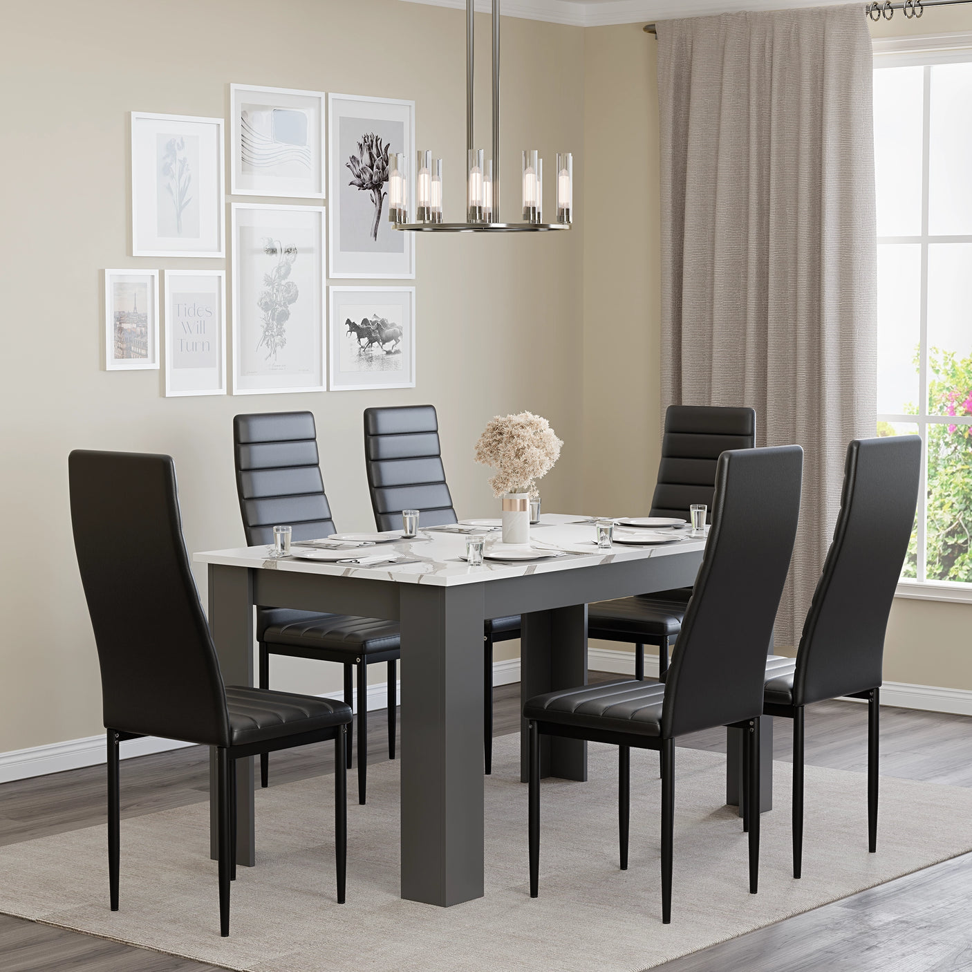 Elegant dining table set with black padded chairs and marble-effect table, perfect for modern dining spaces.