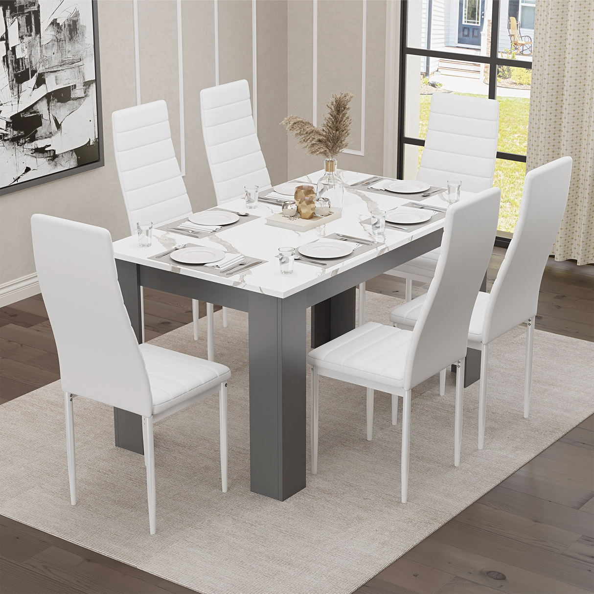 Modern Dining Table Set With 6 Padded Chairs – Multiple Colours