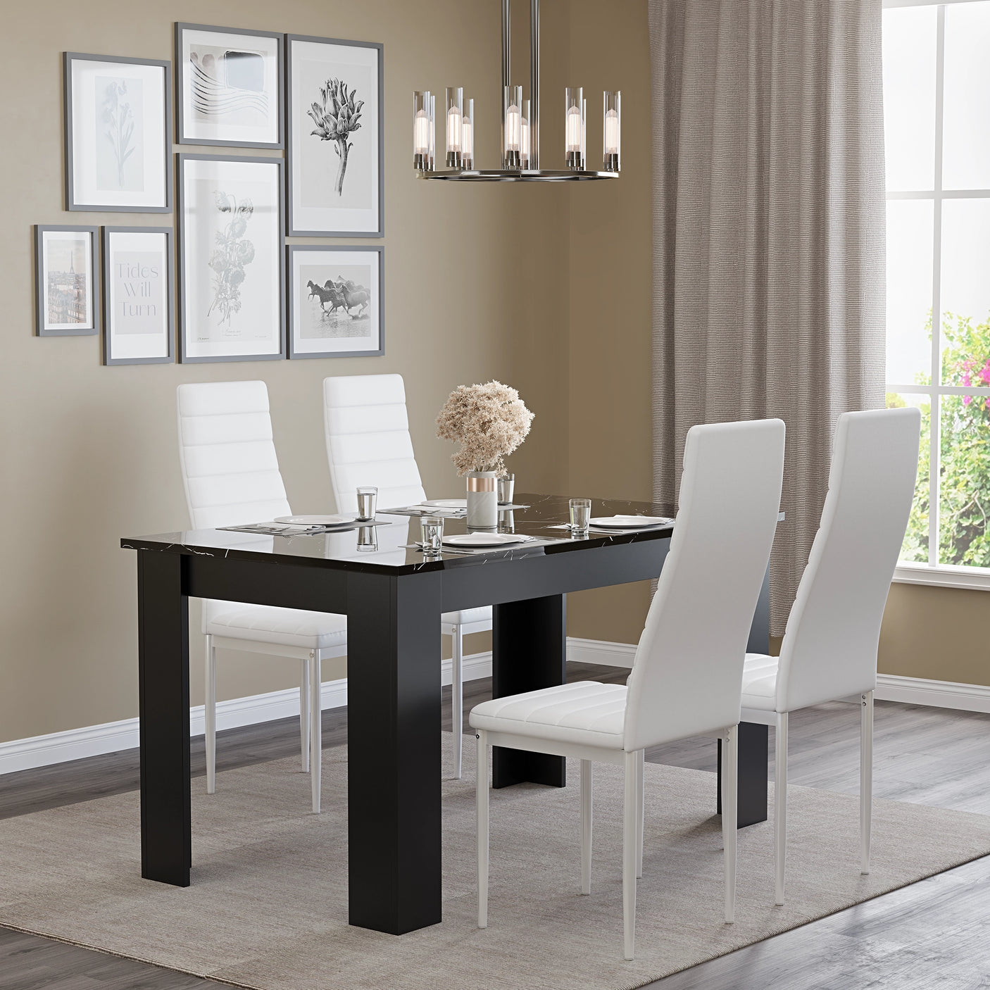 Compact Black Marble Finish Kitchen Table and Chairs Set