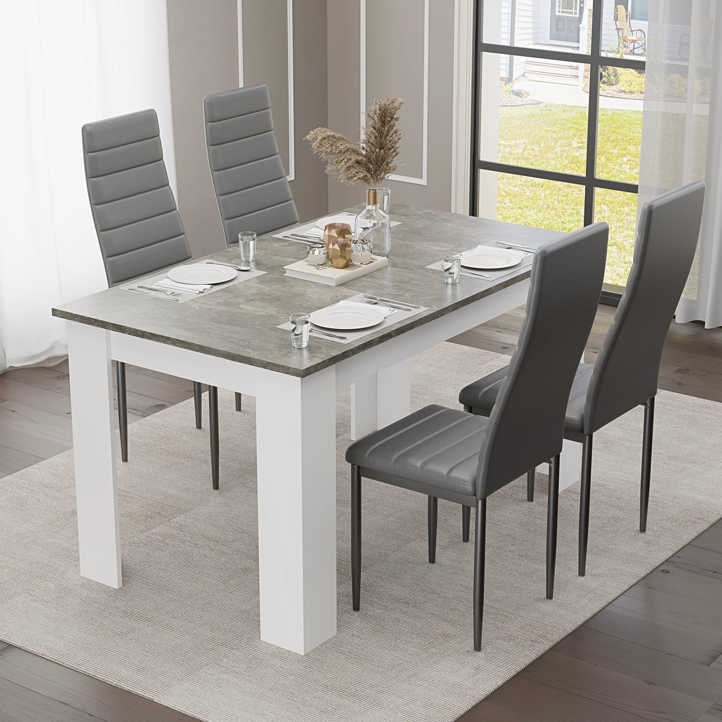 Stylish Grey Marble Finish Dining Table Set with 4 Padded Chairs