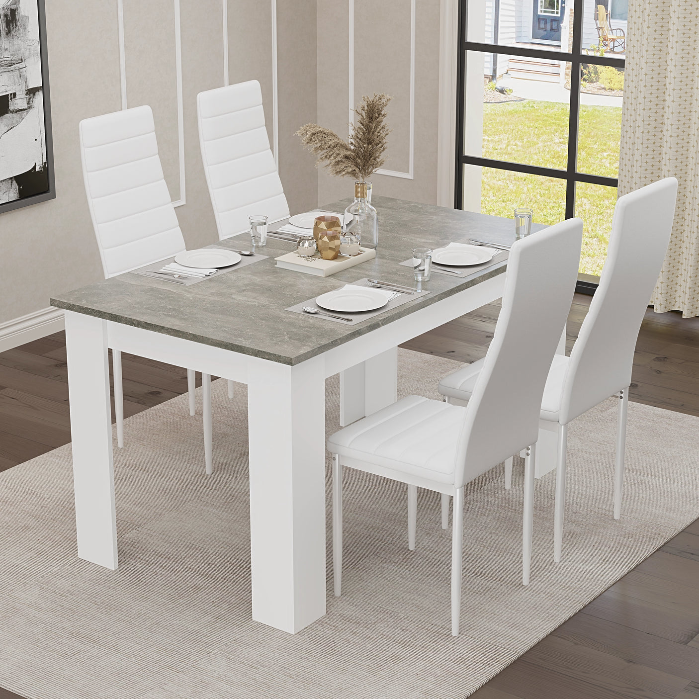 Stylish Grey Marble Finish Dining Table Set with 4 Padded Chairs