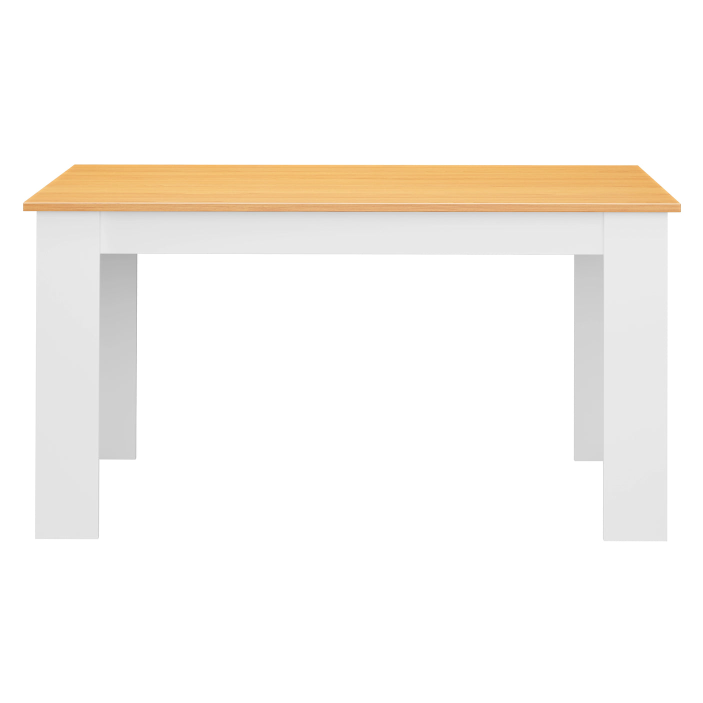 Front view of rectangular pine dining table with white legs. Matches modern padded dining chairs.