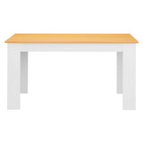 Front view of rectangular pine dining table with white legs. Matches modern padded dining chairs.
