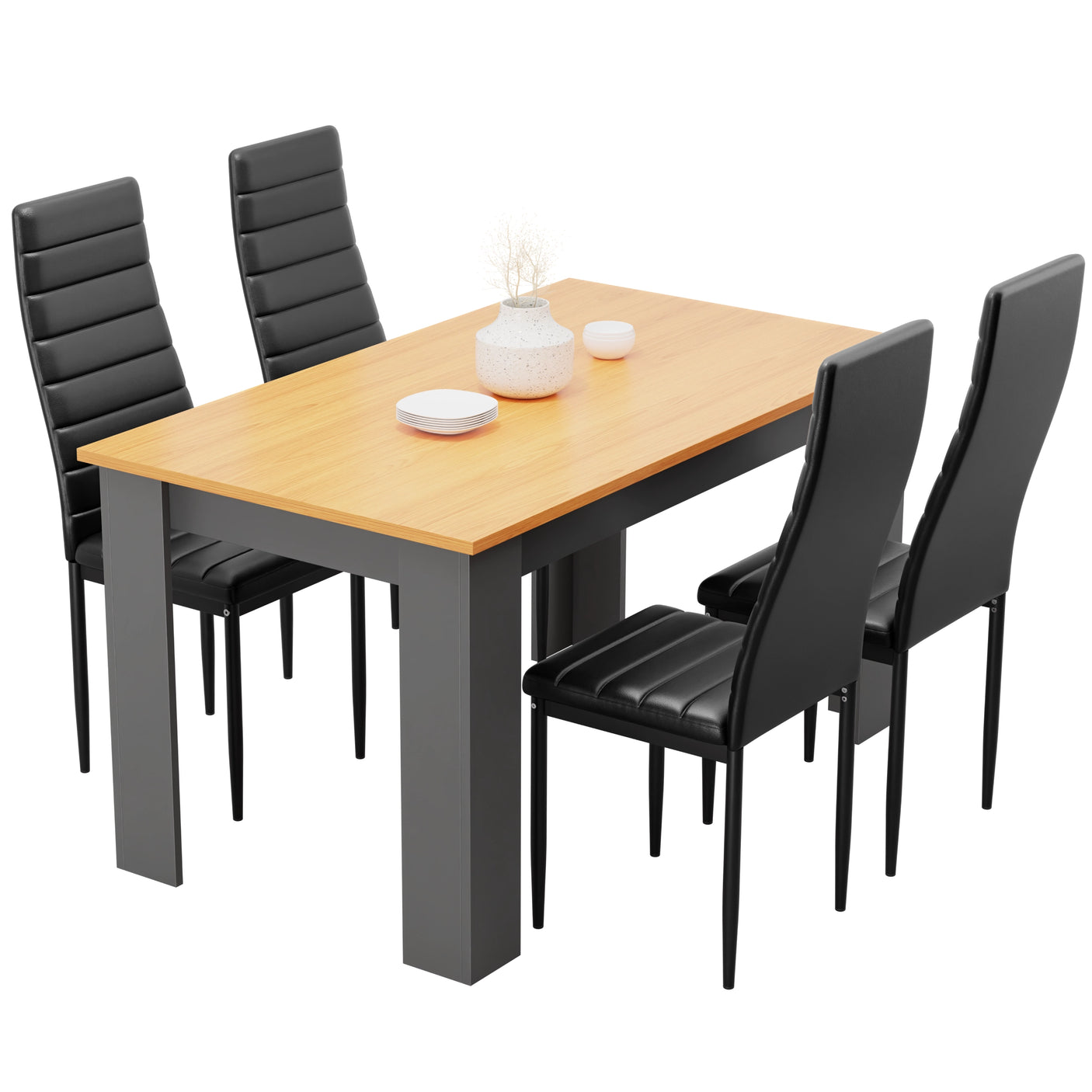 Compact pine dining table with grey legs and 4 black PU leather chairs. Perfect for modern homes.