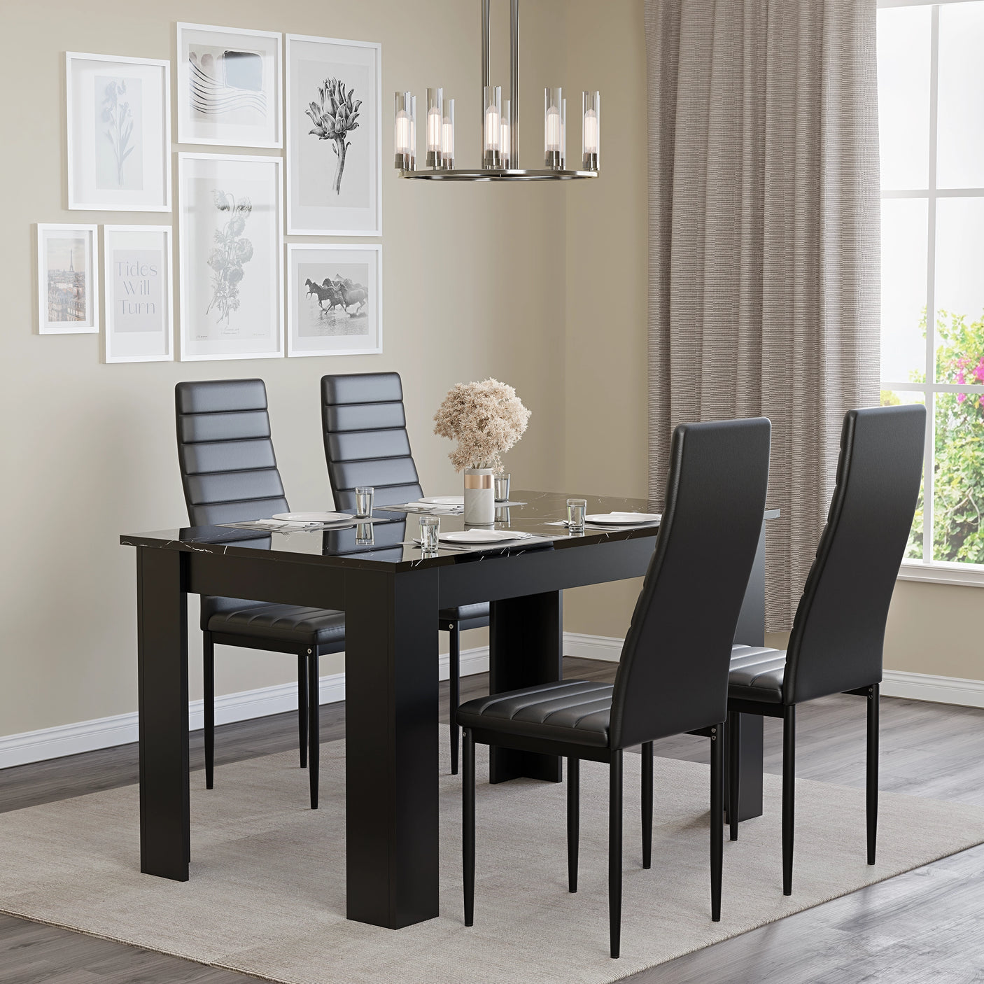 Compact Black Marble Finish Kitchen Table and Chairs Set