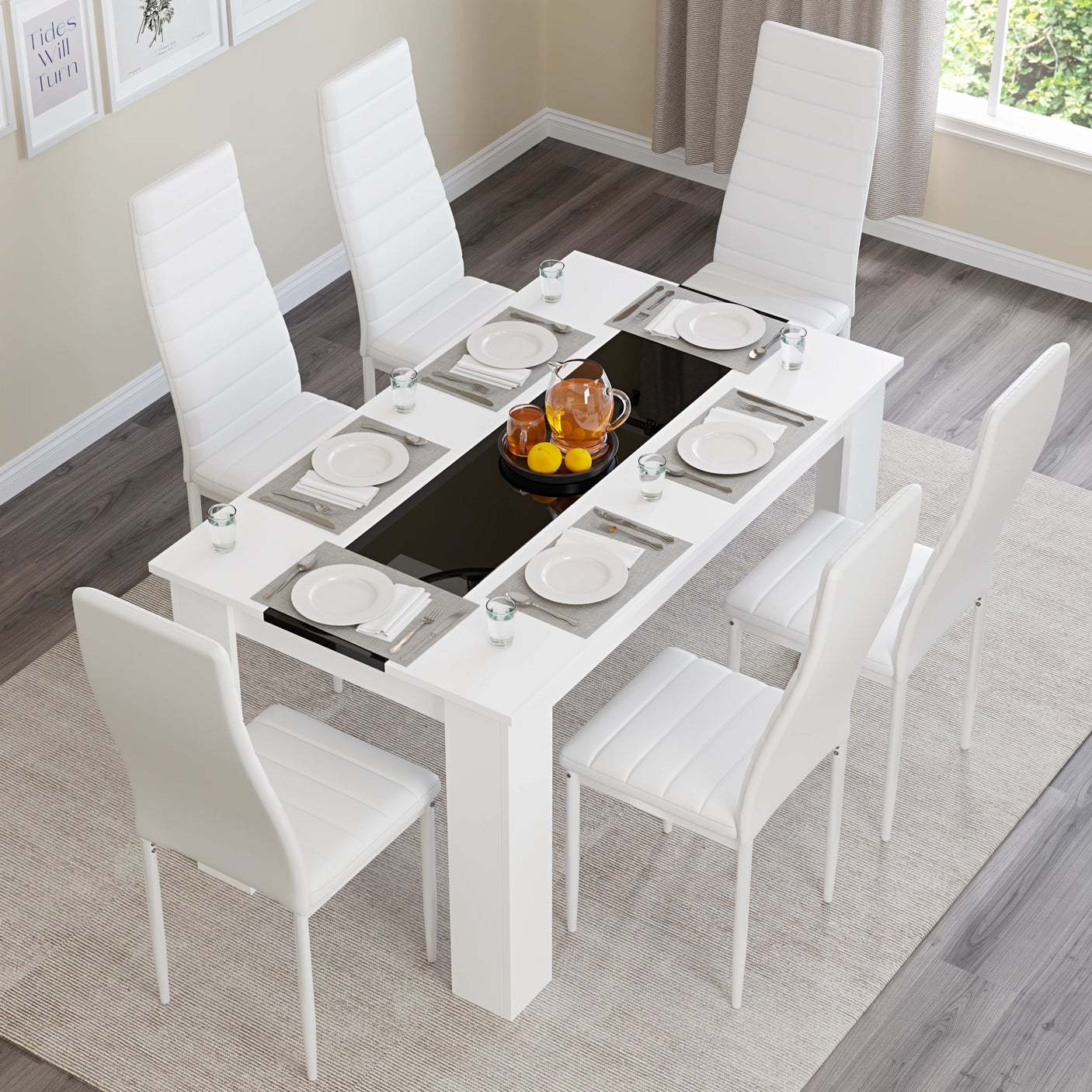 Contemporary 6 seater dining table with white chairs and black glass center, set for a meal in a bright room.