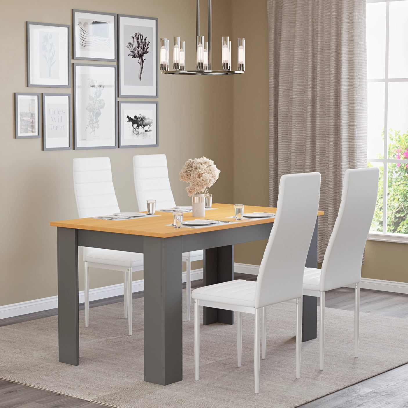 Warm Pine Dining Table Set Of 4 With Modern Padded Chairs