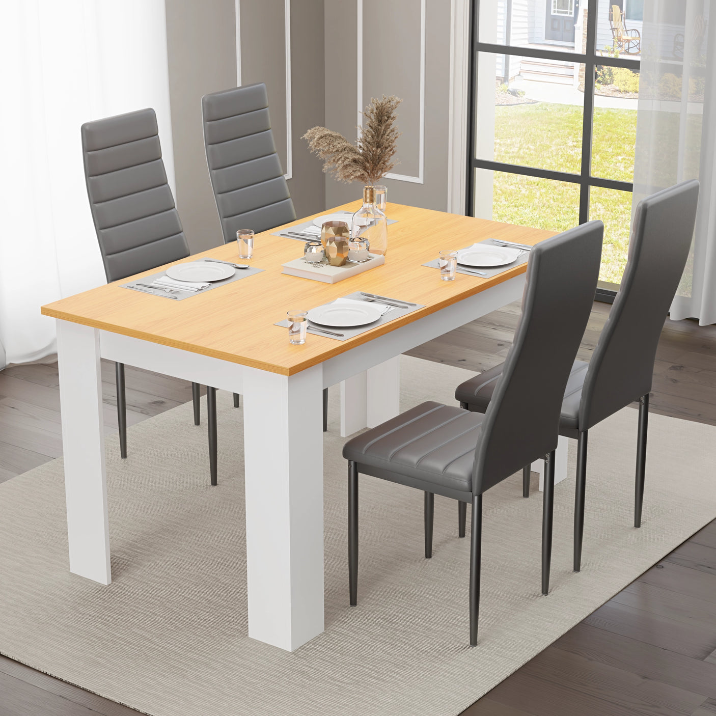 Dining table set of 4 with pine top and white legs, paired with grey padded chairs. Ideal for modern dining rooms.