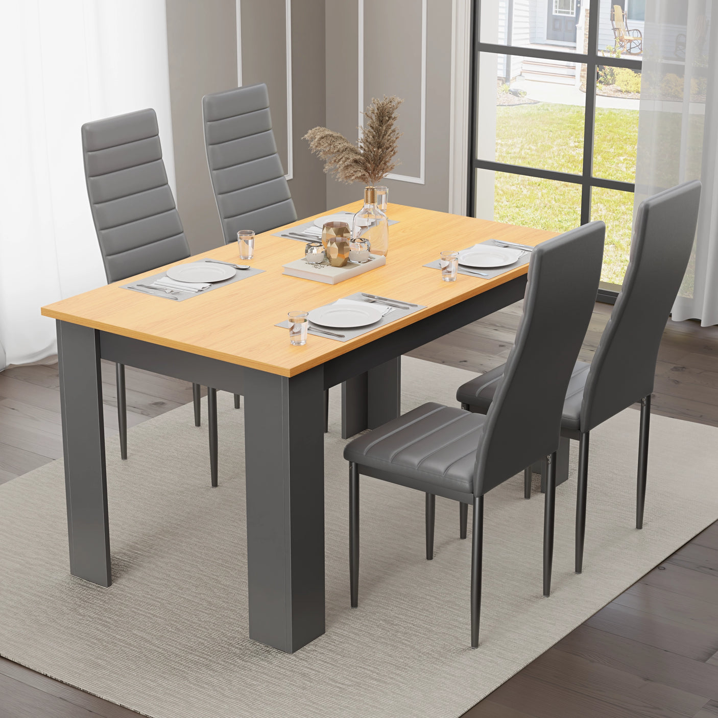 Warm Pine Dining Table Set Of 4 With Modern Padded Chairs