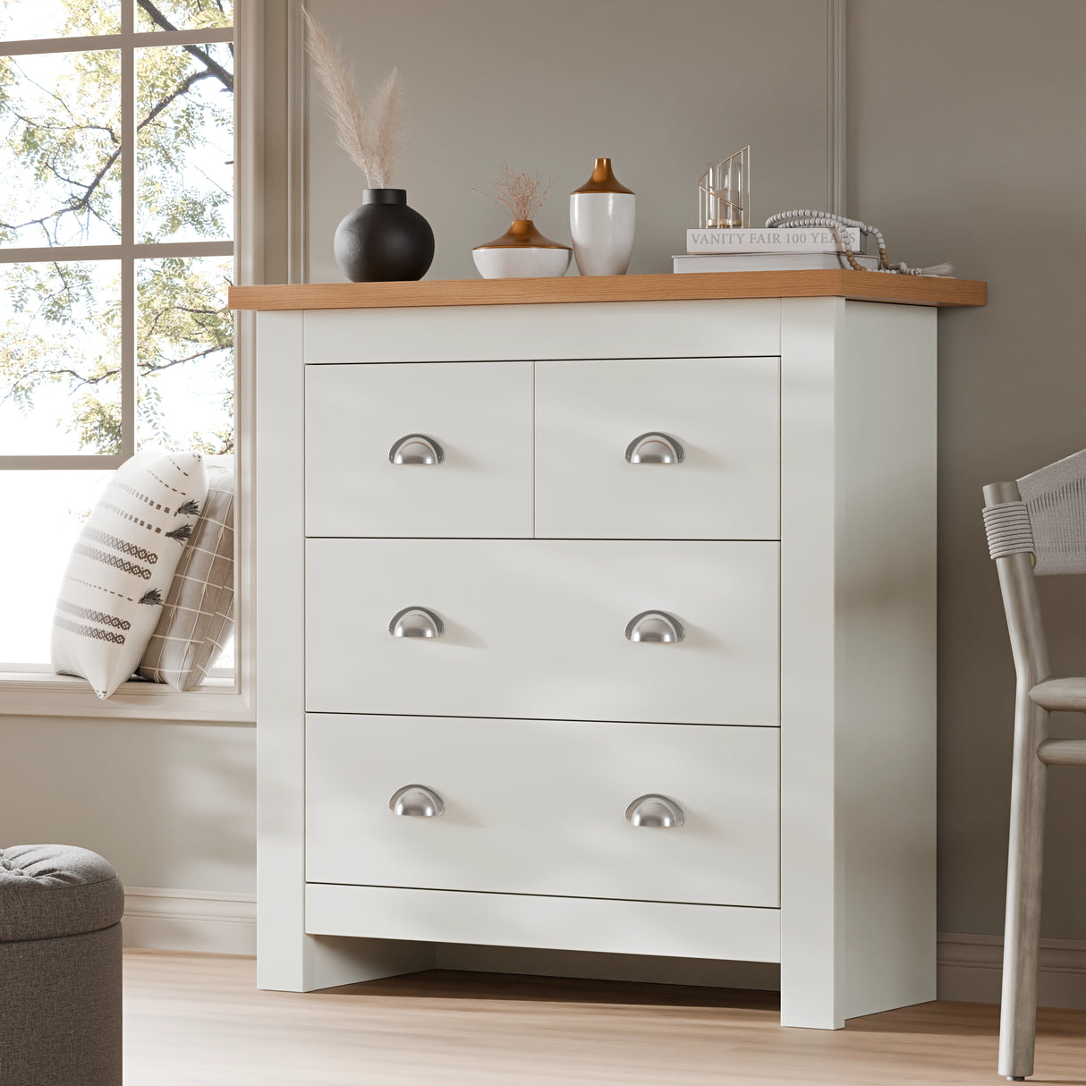 White chest of drawers from the Shaker 4 Piece Bedroom Set with four spacious drawers and oak-effect top, ideal for modern bedroom organization.