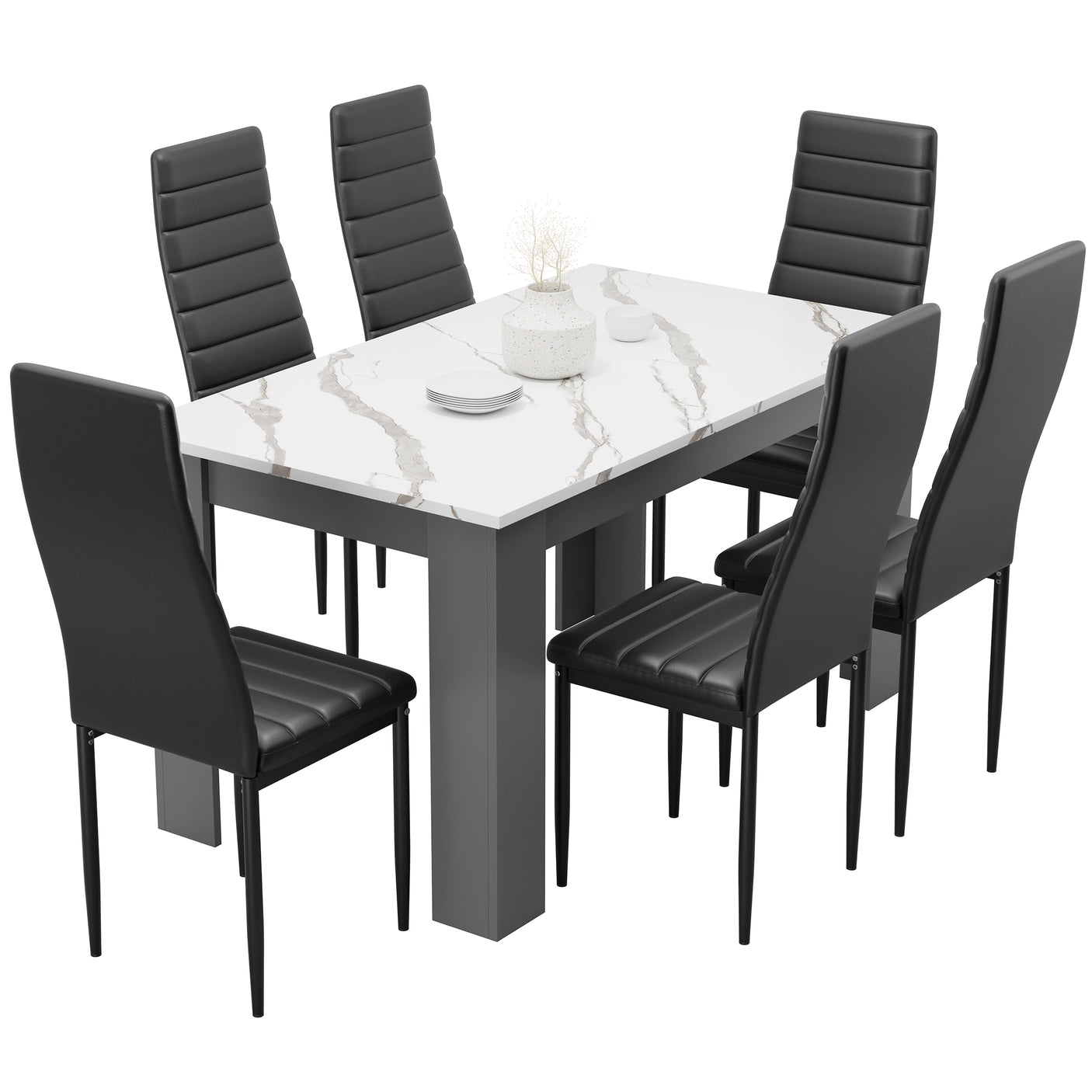 Modern dining table set with black PU leather chairs and grey marble top table, perfect for stylish 6 seater dining.