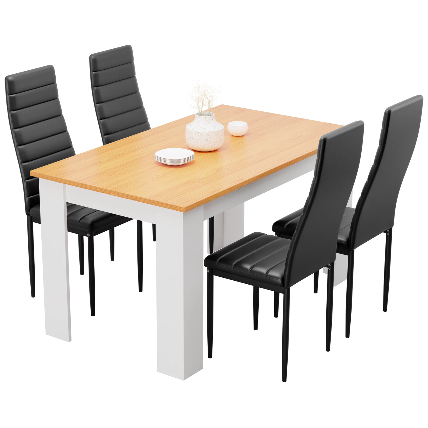 Warm pine dining table with white legs and 4 black PU leather chairs. Space-saving dining set for small homes.