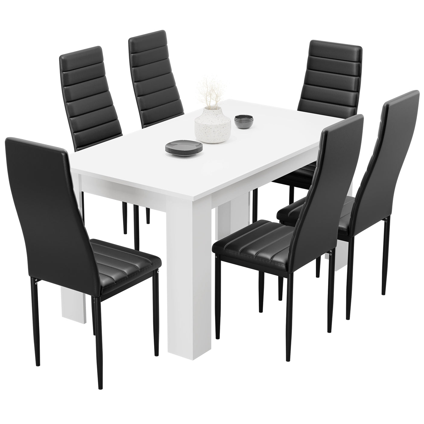 Sleek white 6 seater dining table paired with black faux leather chairs, offering comfort and sophistication for everyday dining.