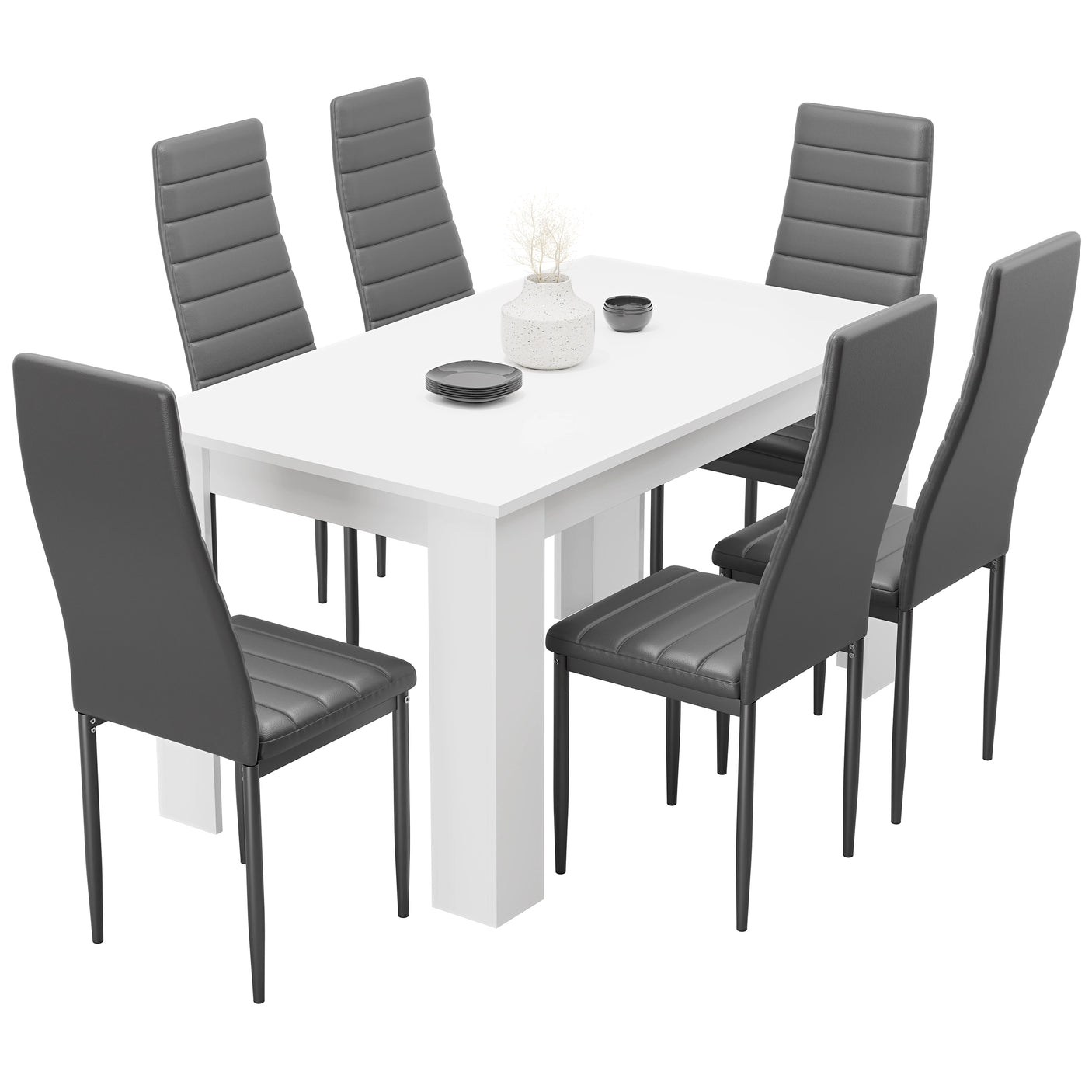 White rectangular dining table with six grey padded chairs, combining comfort and modern design for family dining.