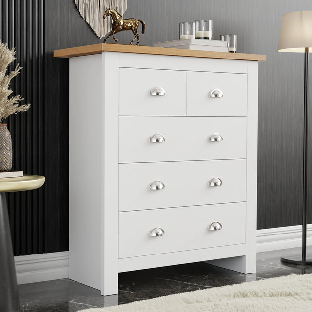 Large Chest of Drawers with 5 spacious drawers in white finish and oak top, ideal for bedroom storage and modern interior decor.