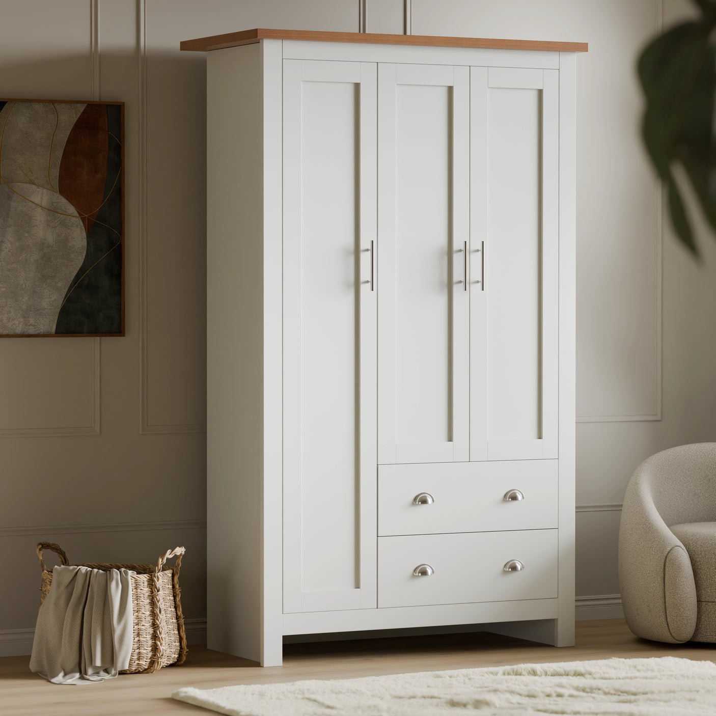 Shaker Triple Wardrobe With Shelves And Drawers
