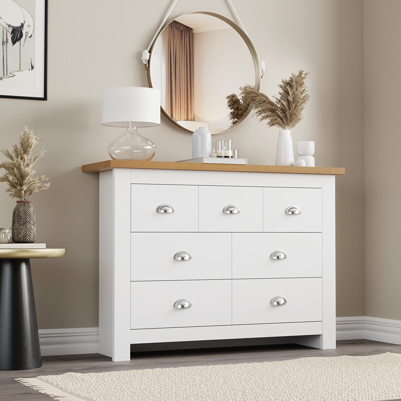 7 Drawer Wide Chest of Drawers in white with wood top, featuring silver handles, ideal as a large bedroom dresser for stylish storage solutions.