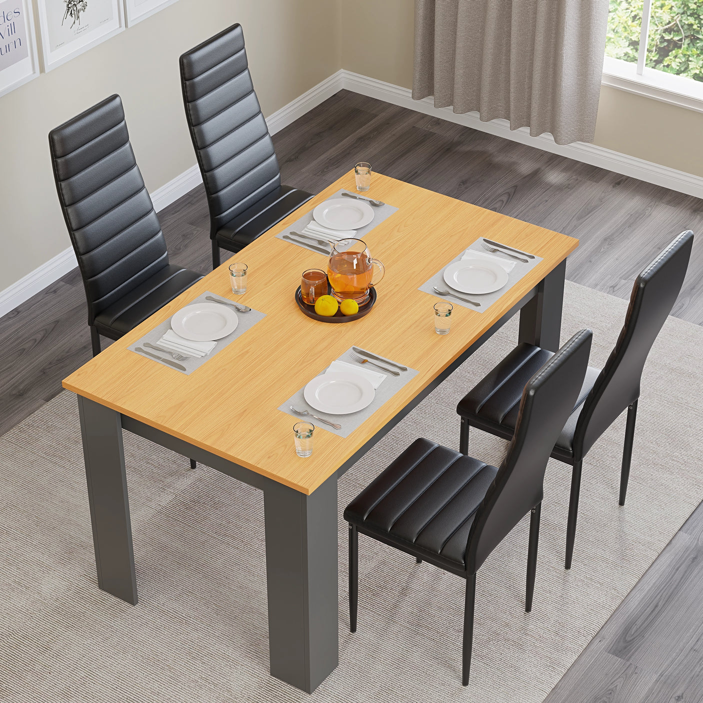 Modern pine dining table with grey legs and 4 black faux leather chairs. Great for contemporary dining rooms.