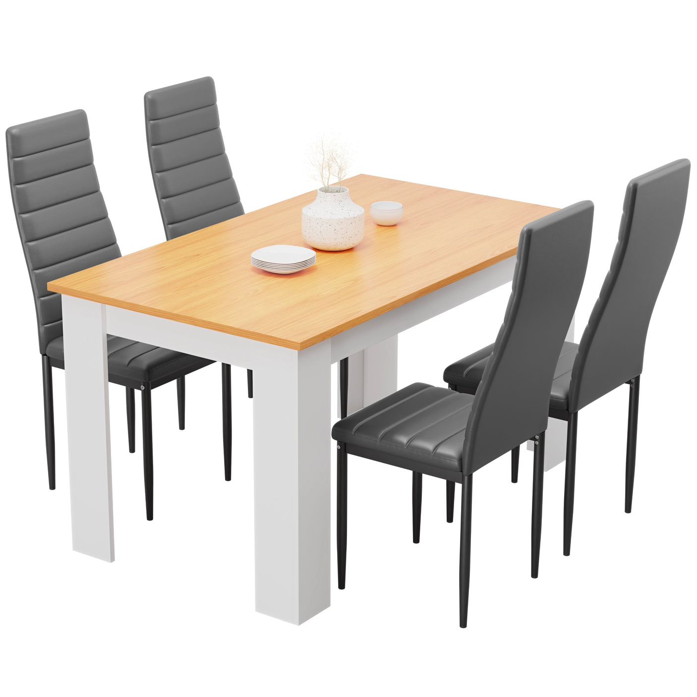 Modern pine dining table set with 4 grey PU leather chairs. Perfect for kitchen or dining room use.