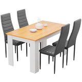 Modern pine dining table set with 4 grey PU leather chairs. Perfect for kitchen or dining room use.